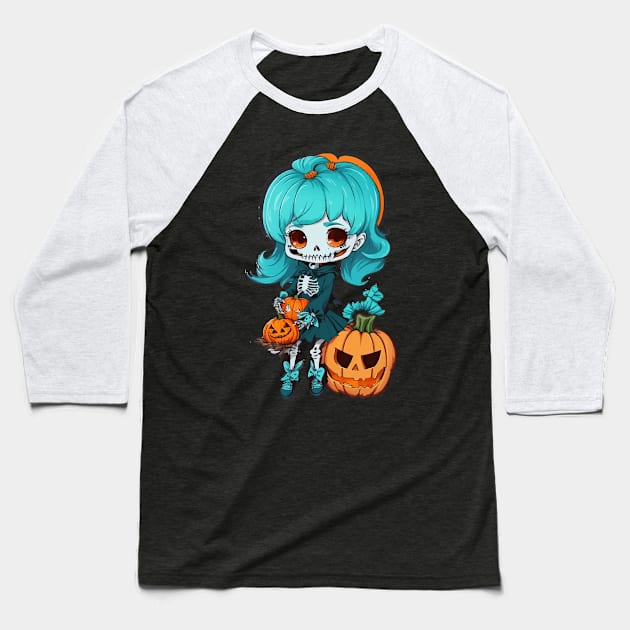 Halloween Skeleton Kawaii Girl Baseball T-Shirt by CatCoconut-Art